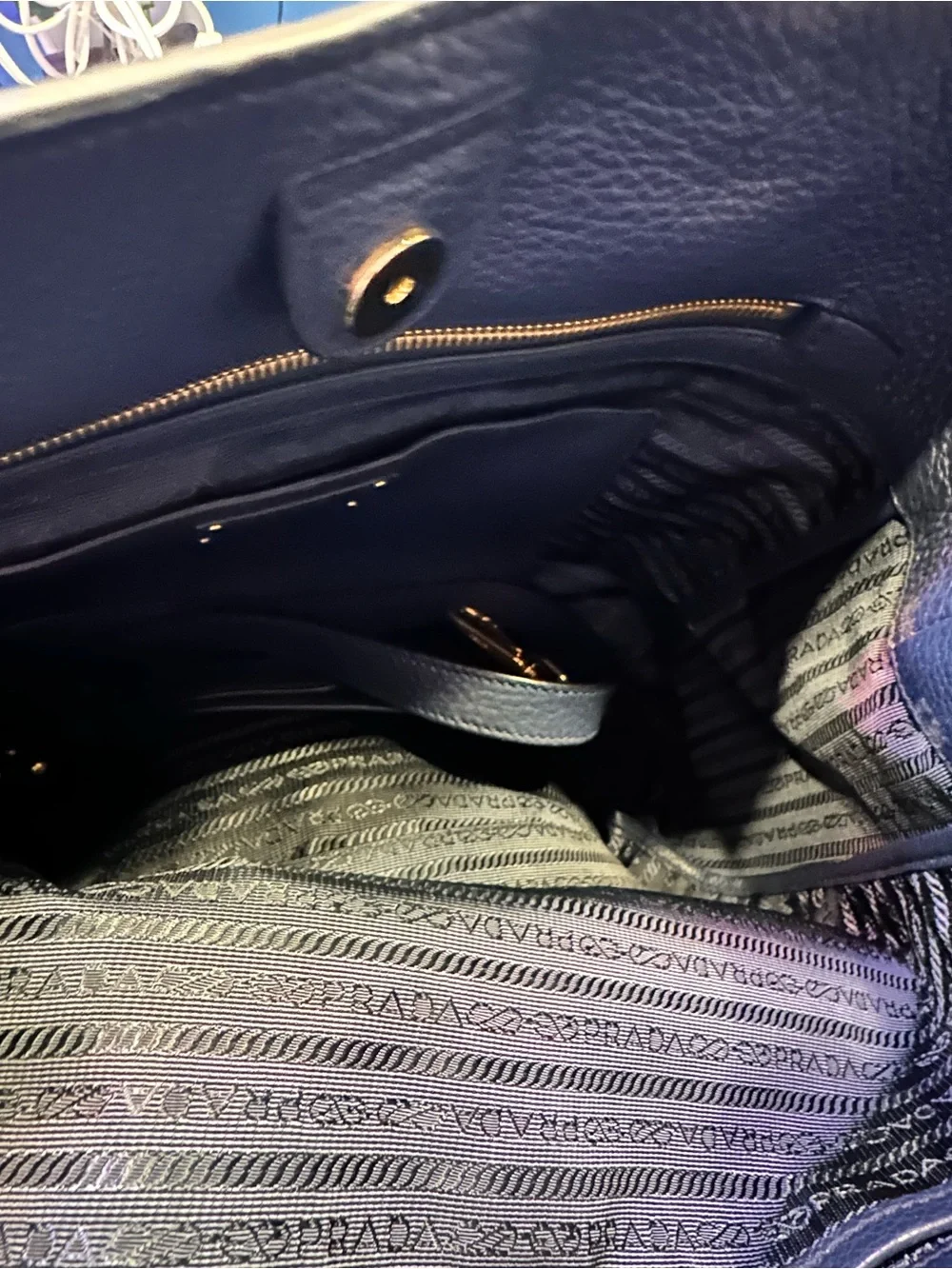 Prada Navy Pebbled Leather Tote with Gold Accents - Picture 4 of 6